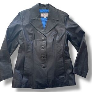 90s Vintage black leather jacket women’s button down structured coat